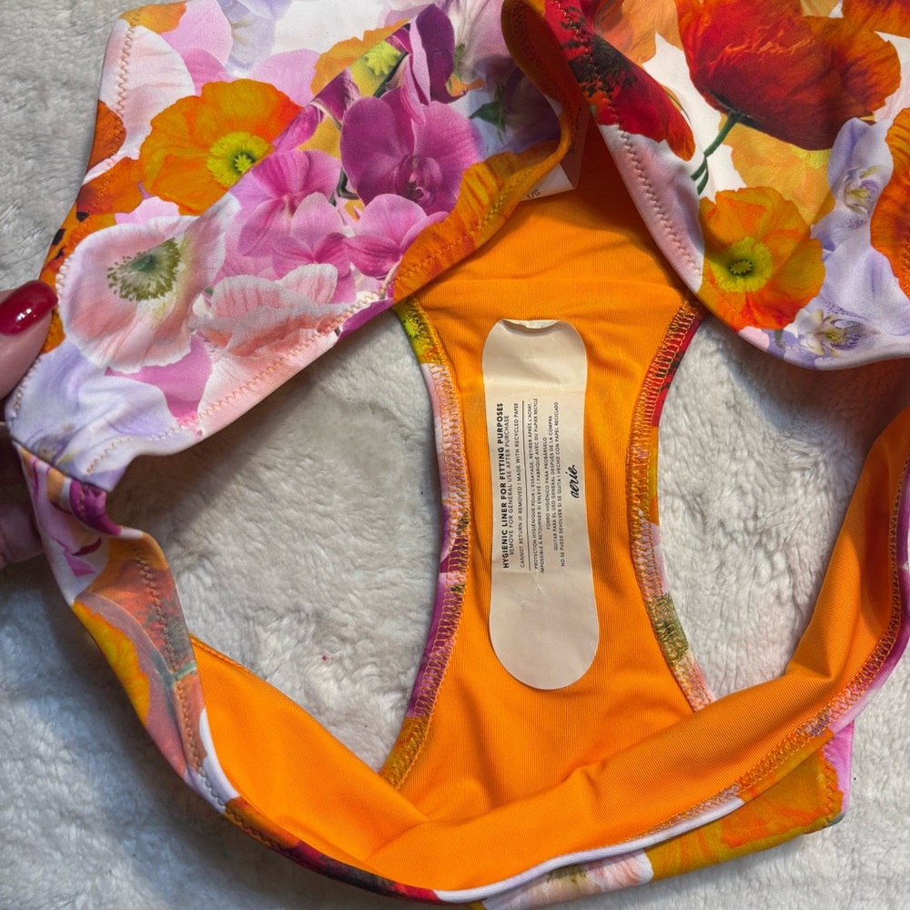 NWT Aerie Bikini Bottom Large Bright Orange Pink Floral Full Coverage Stretch - Picture 4 of 9